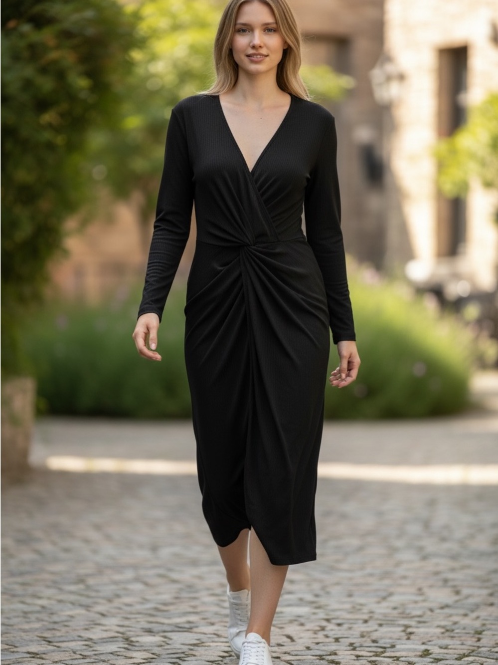 Shibever Elegant Black Twist-Front Midi Dress with Long Sleeves NWT